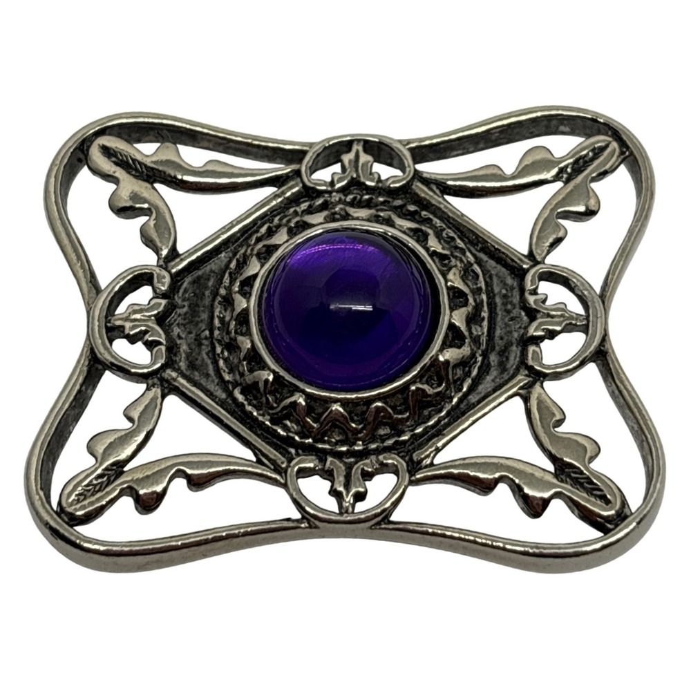 Heavy‎ Vintage Purple Cabochon Brooch Silver Tone Openwork Design Pin Jewelry